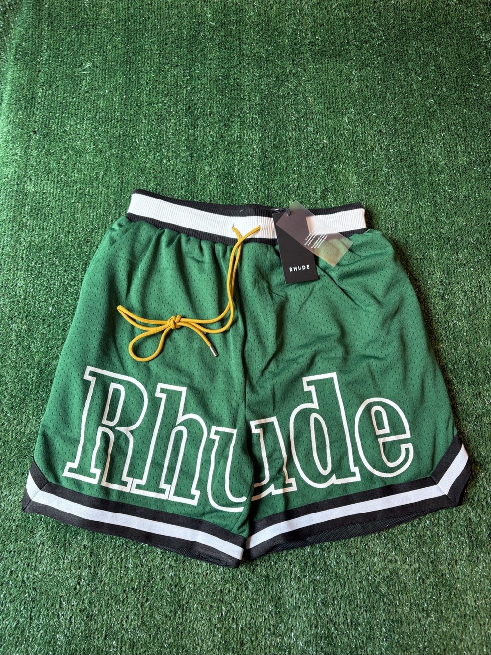 Rhude Green Mesh Athletic Shorts with Yellow Drawcord
